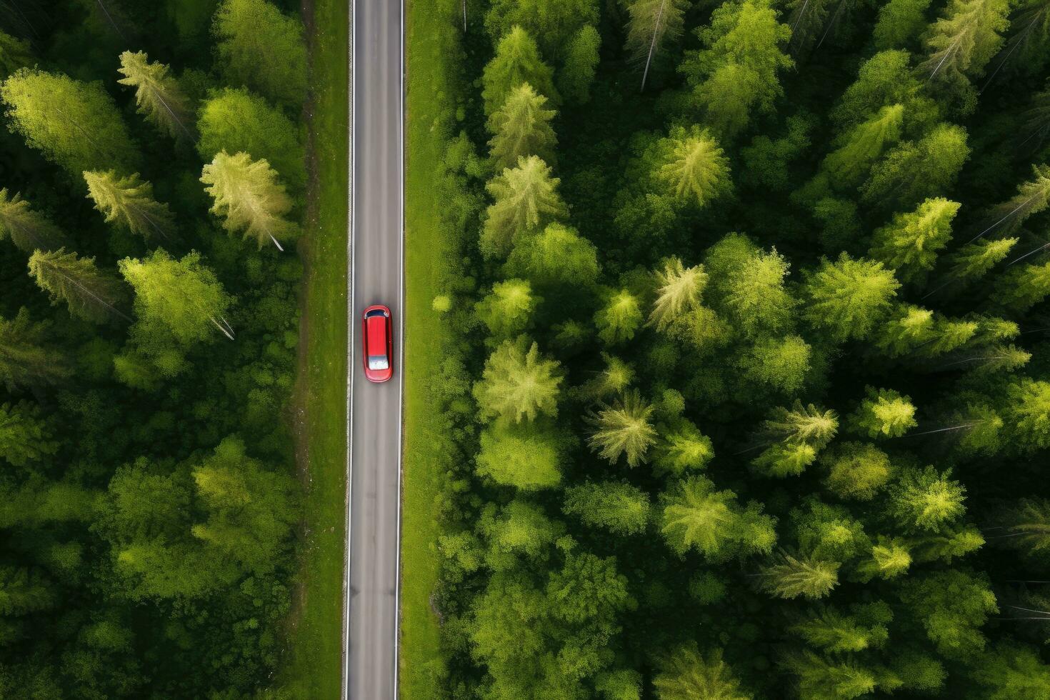 Aerial view of a red car on the road in the forest, Aerial view of red car with a roof rack on a green summer forest country road in Finland, AI Generated photo