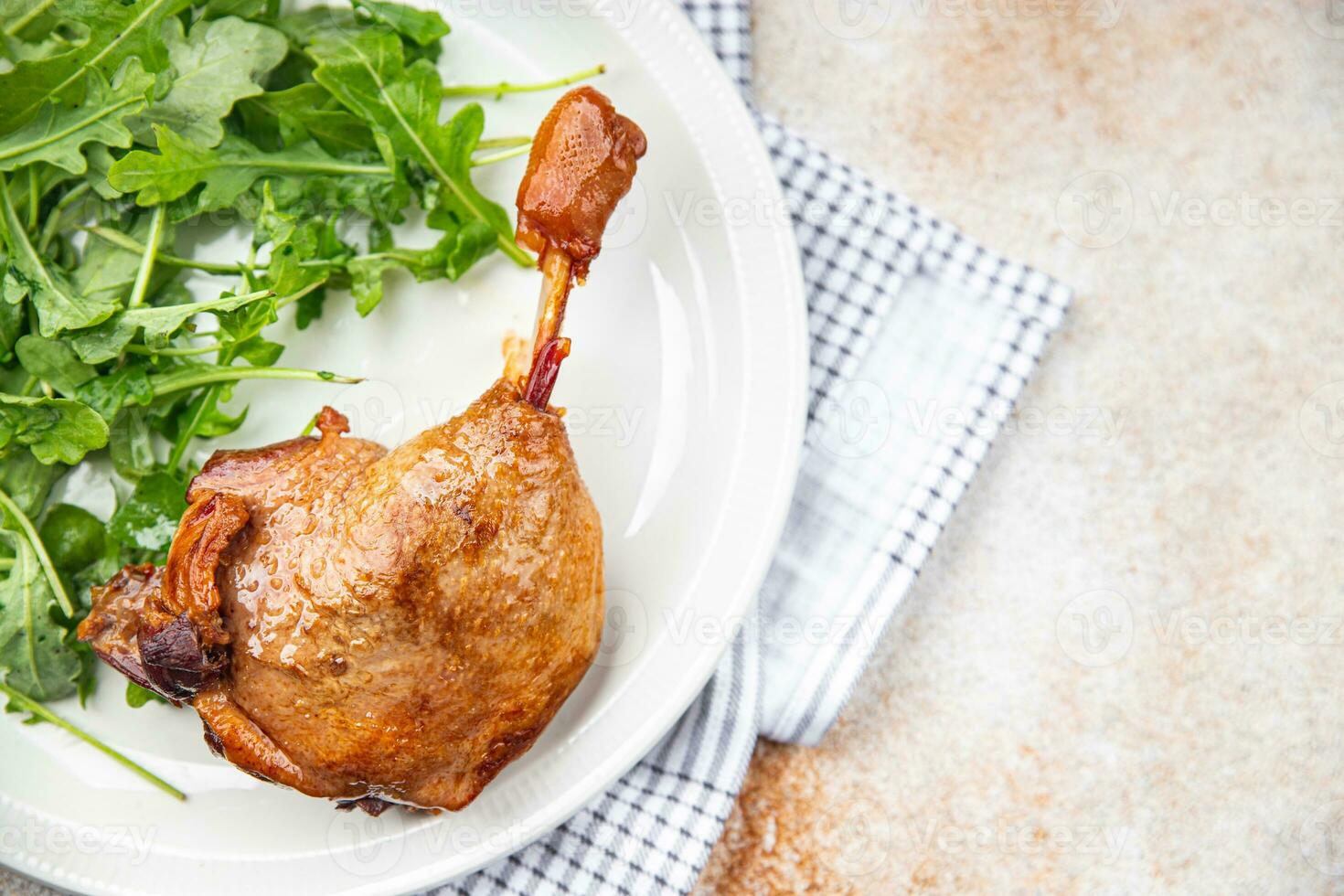 fresh duck leg confit berry sauce poultry meat eating cooking appetizer meal food snack on the table copy space food background rustic top view photo