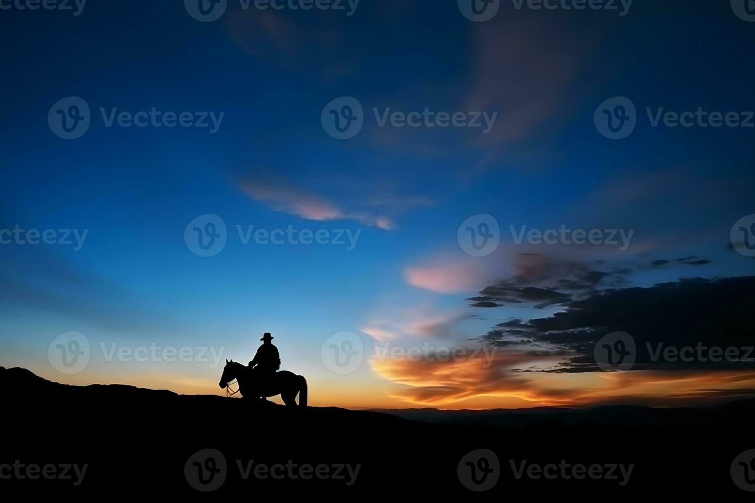 Silhouette Cowboy on horseback. Neural network AI generated photo