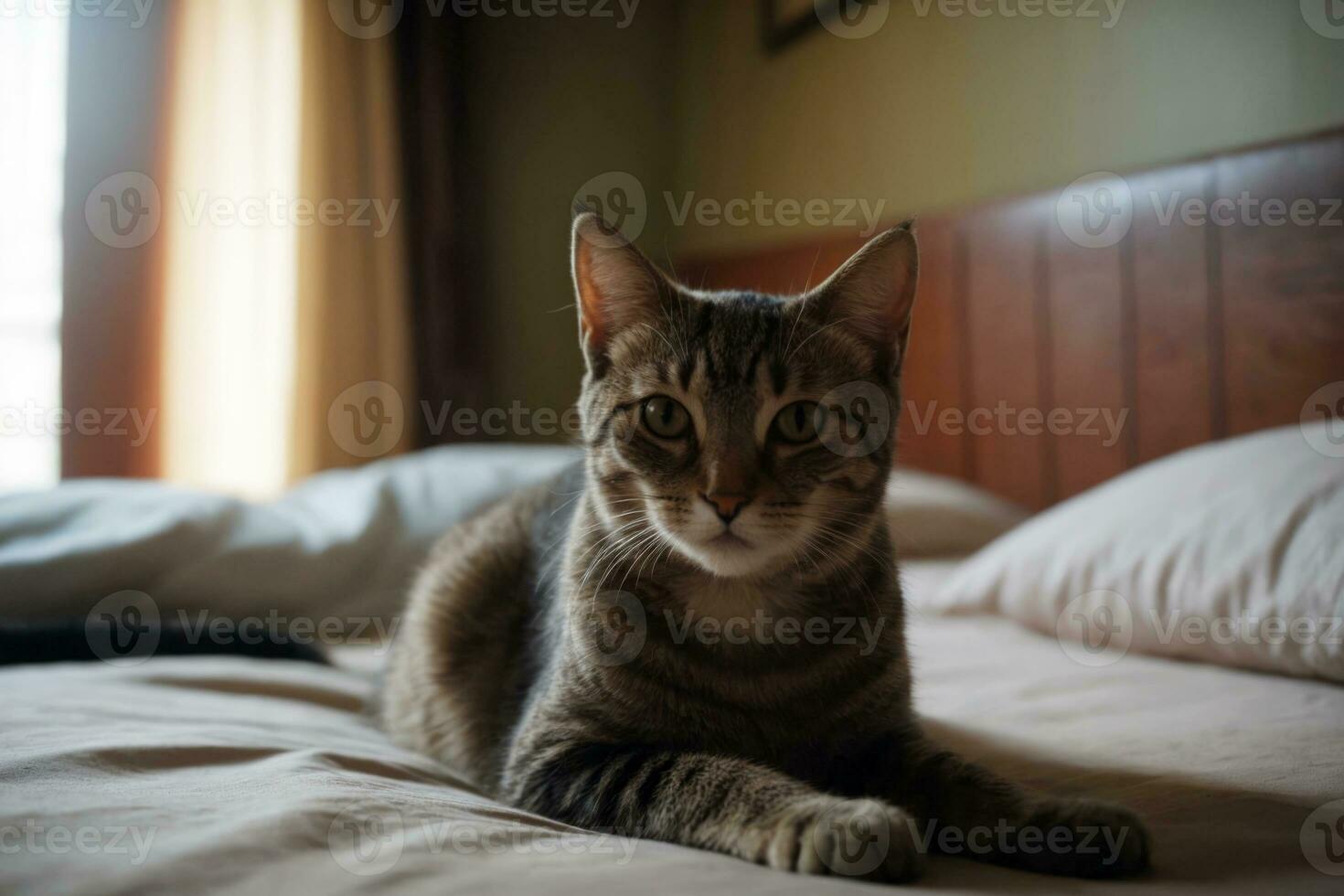 Lonely Kitty Resting on Bedspread, Domestic Tranquility, AI Generated photo