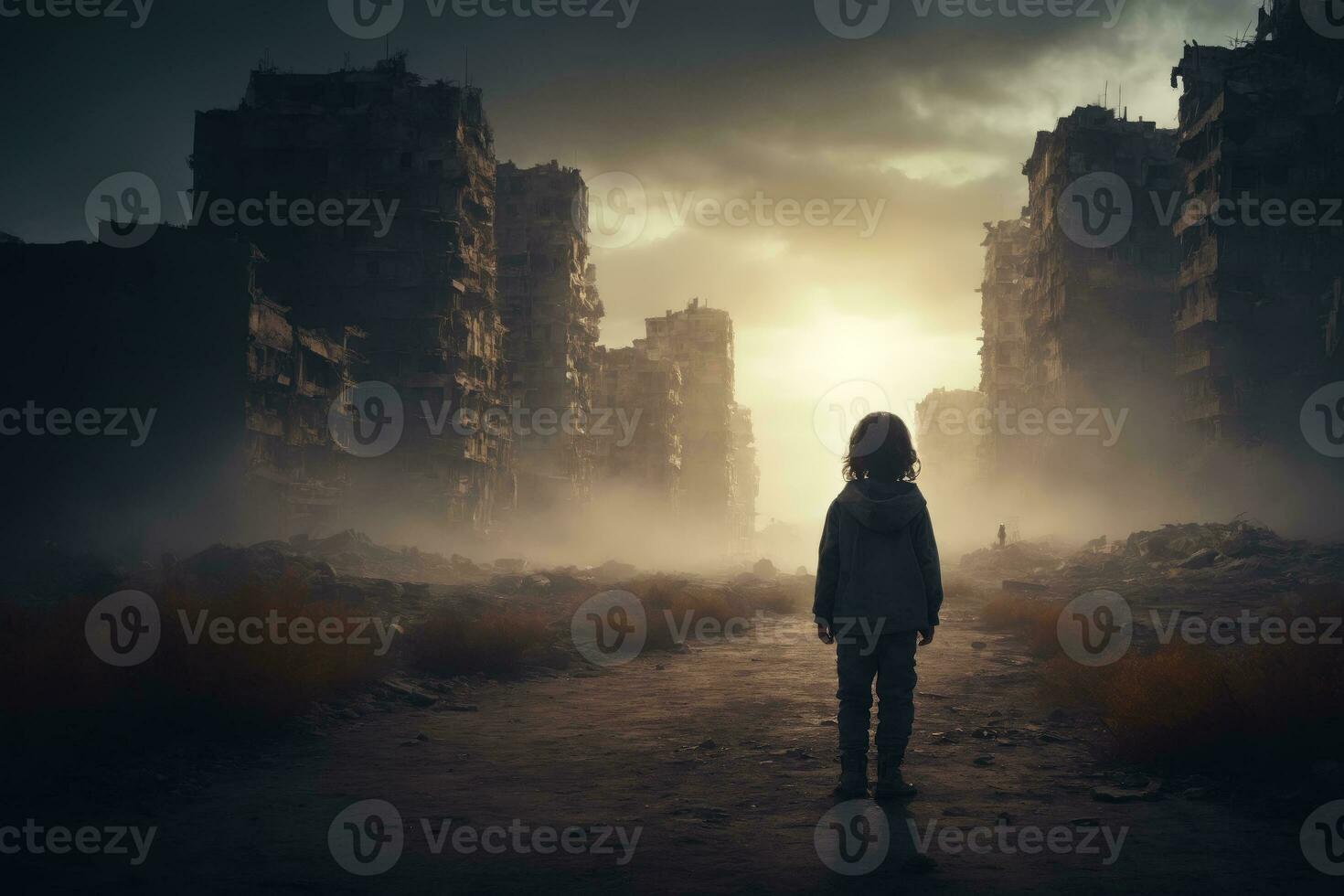 Hopeless Child Standing Amidst Abandoned Cities in the Middle East, AI Generated photo