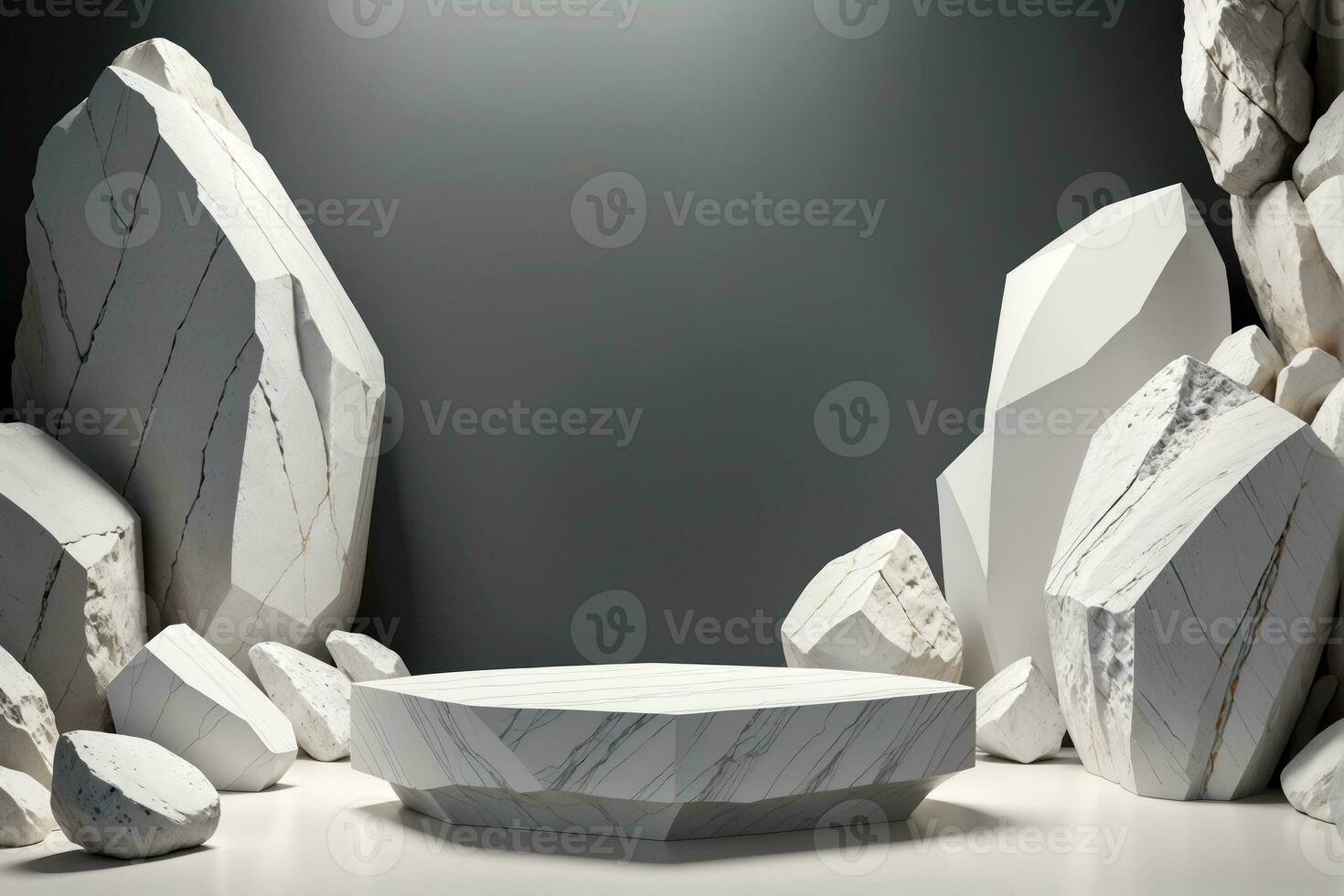 Minimalist Podium Mockup, White Stone Rock Background, AI Generative photo