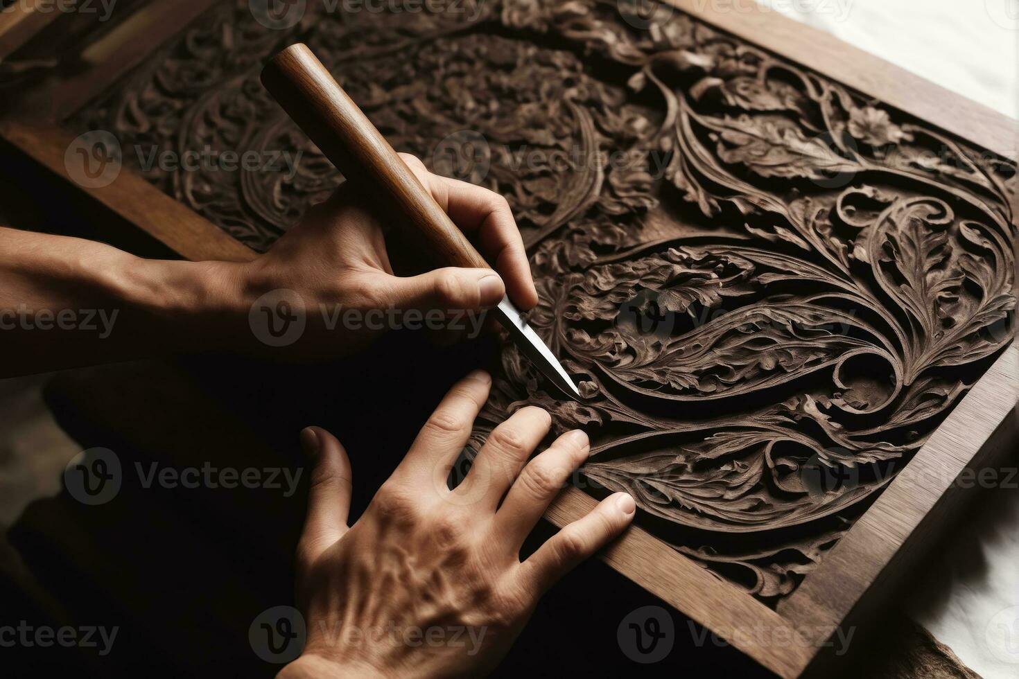 Preserving Tradition, Craftsmanship on Dark Wood, AI Generated photo