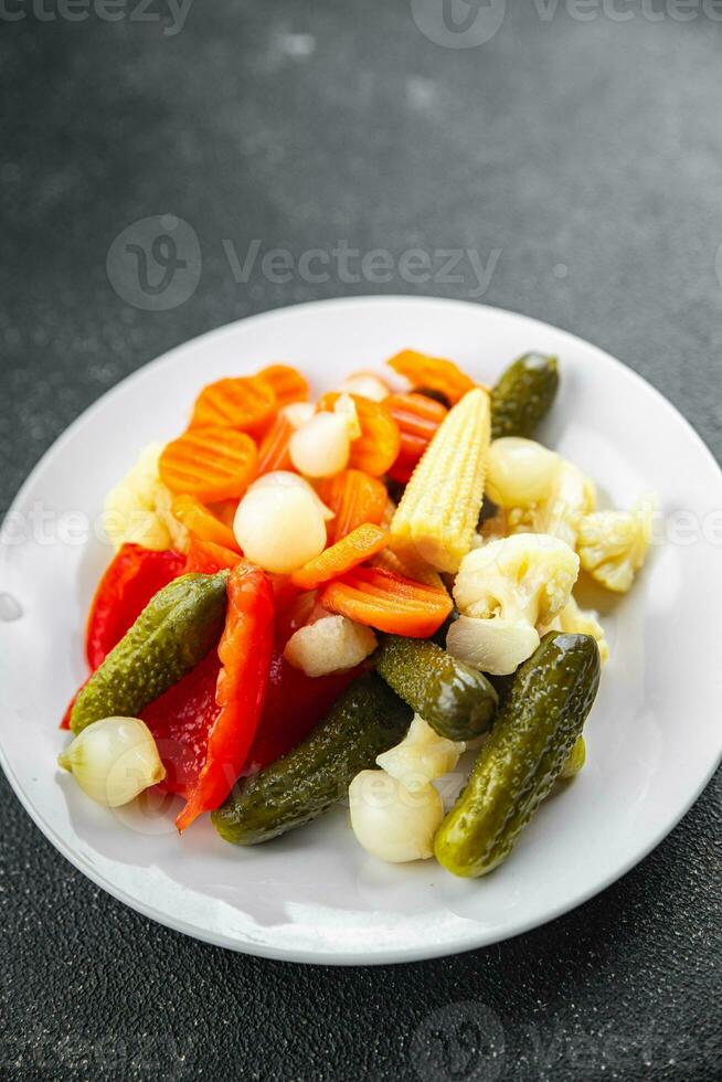 vegetable pickled salad cucumber, gherkin, carrot, onion, cauliflower, pepper appetizer meal food photo