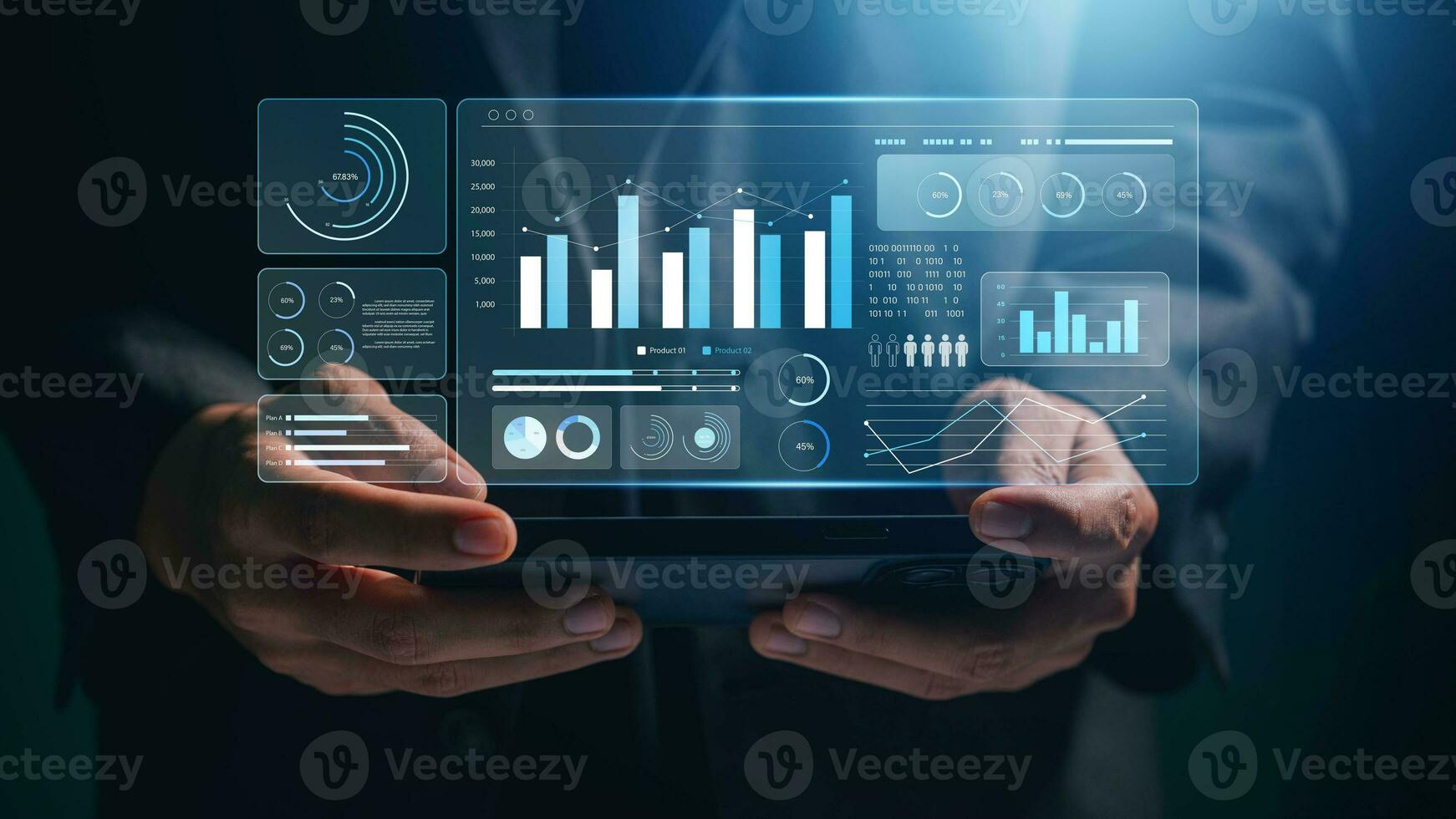 analyst works on a smartphone showing Financial Data Analysis and Data Management System for Business Growth Market Research, Financial Growth and Strategy Development photo