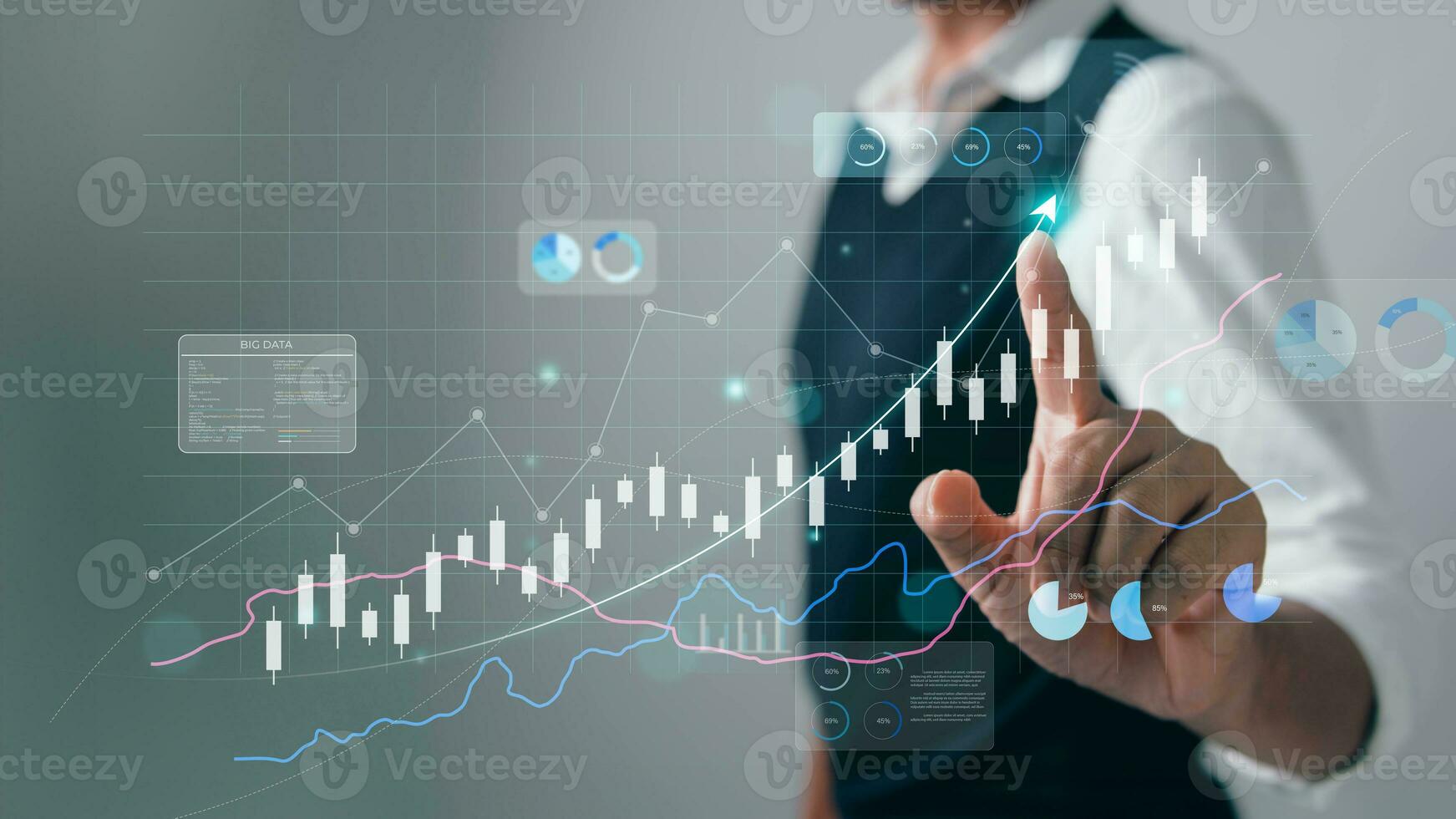 The analyst works on a laptop showing data business analysis and Data Management System with KPI for financial report and data analysis, business target and development. photo
