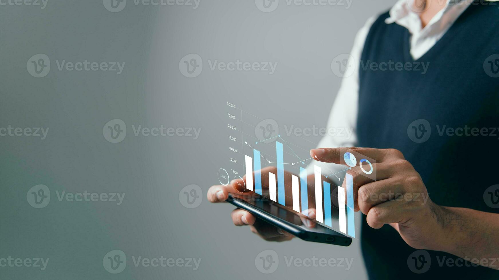 analyst works on a smartphone showing Financial Data Analysis and Data Management System for Business Growth Market Research, Financial Growth and Strategy Development photo