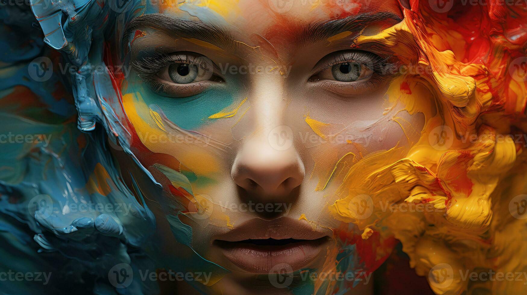 a woman face with colorful paint on it - AI Generative photo