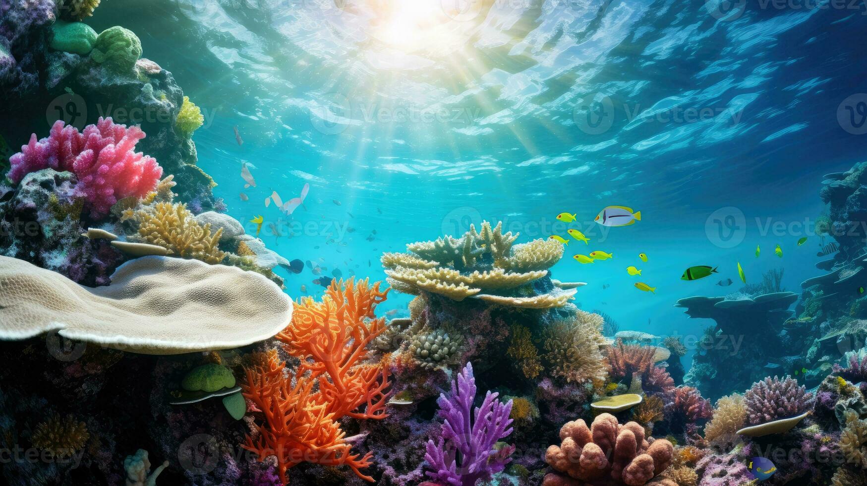 a school of fish habitat around coral reef - AI Generative photo