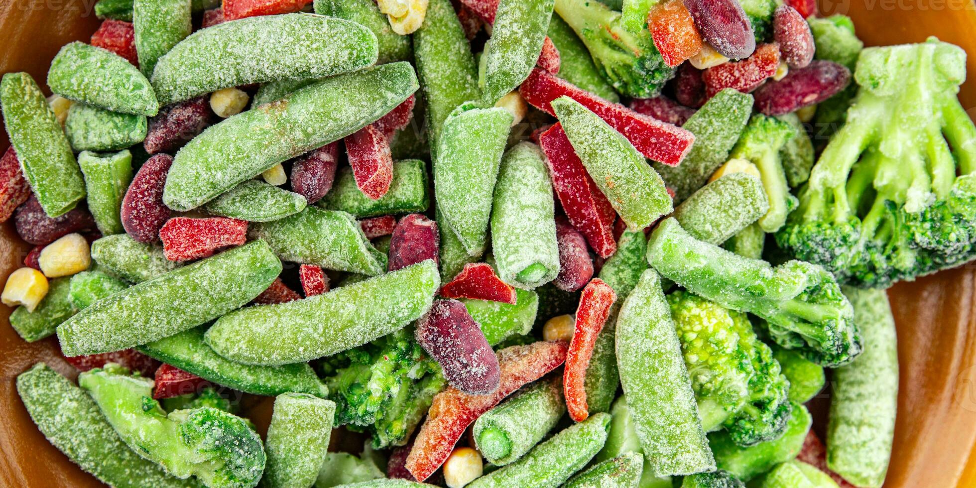 frozen vegetables mix broccoli, corn, carrots, green peas, green beans, bell peppers, beans fresh delicious healthy eating cooking appetizer meal food snack on the table photo