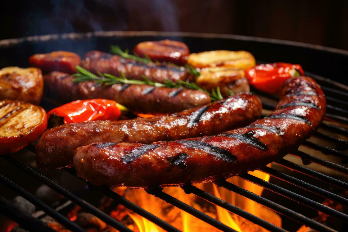 A la parrilla salchichas con vegetales en el parrilla, de cerca, carne de vaca filete y salchichas en parilla parrilla, de cerca, ai generado foto