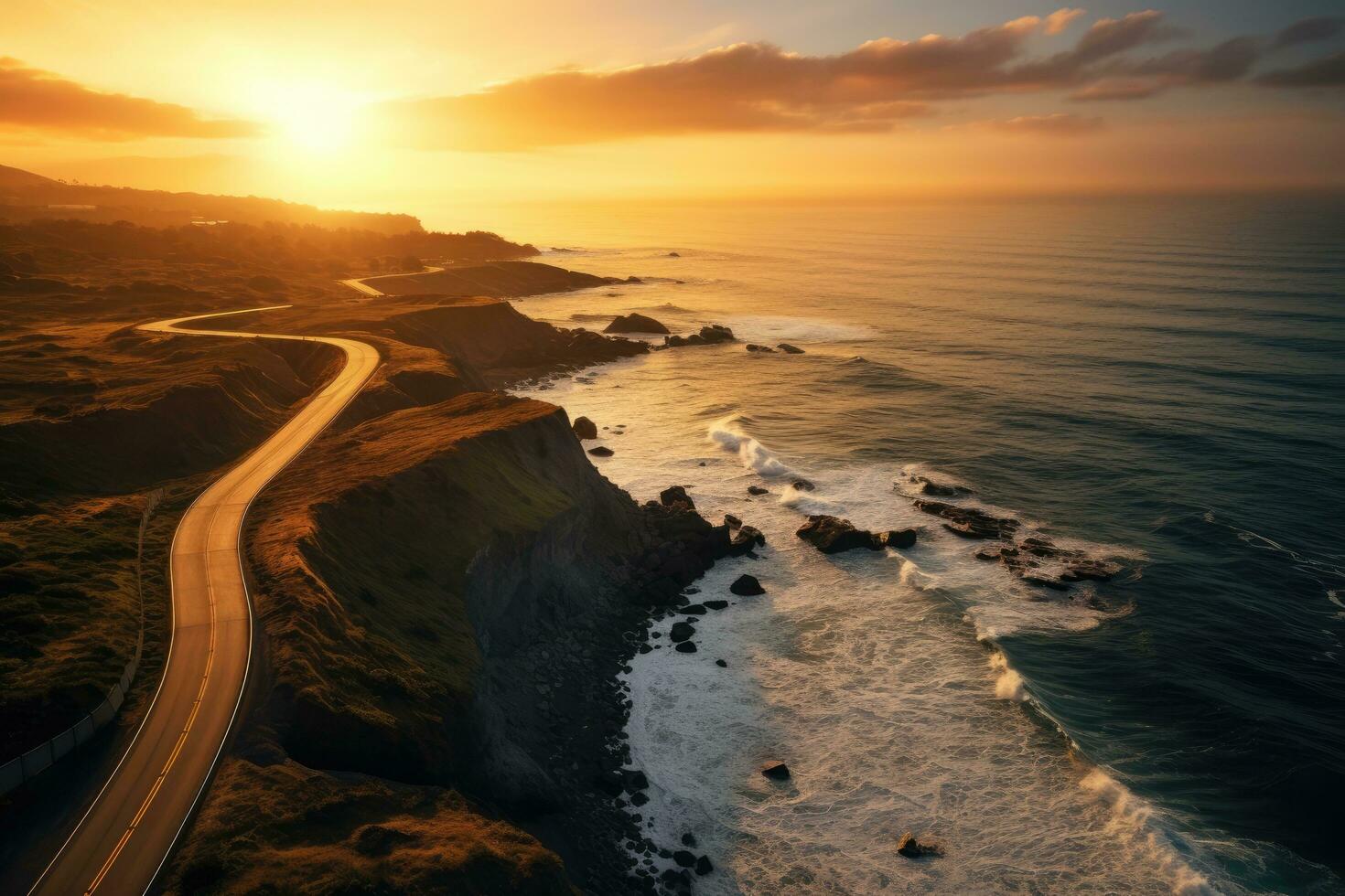Aerial view of a road leading to the Atlantic Ocean at sunset. aerial view of a road going along the sea at sunset, AI Generated photo