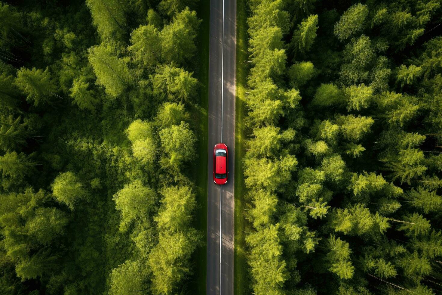 Aerial view of a red car on the road in the forest, Aerial view of red car with a roof rack on a green summer forest country road in Finland, AI Generated photo