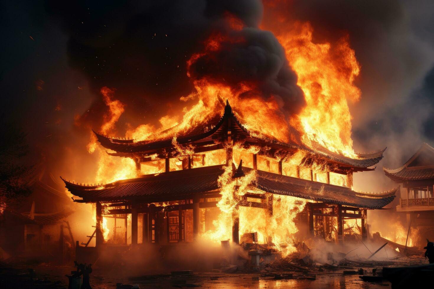 Burning Chinese temple at night. Fire and smoke in the temple. Asian house on fire and firefighters are trying to stop the fire, AI Generated photo