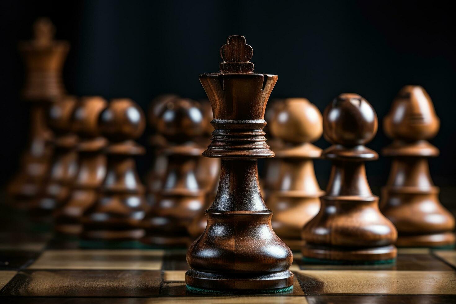 de madera ajedrez piezas en un tablero de ajedrez. negro antecedentes. selectivo enfocar. ajedrez piezas en el tablero de ajedrez. de cerca, ai generado foto