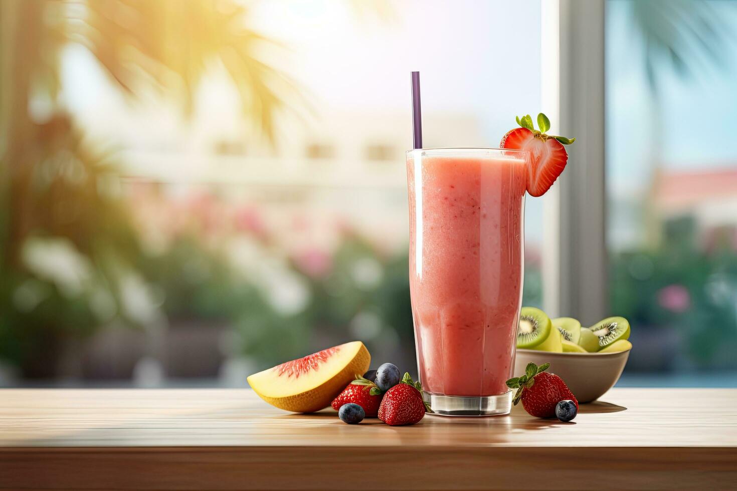 Strawberry and kiwi smoothie on wooden table with blur background, A refreshing fruit smoothie poured into a clear glass on a cafe-style background, AI Generated photo
