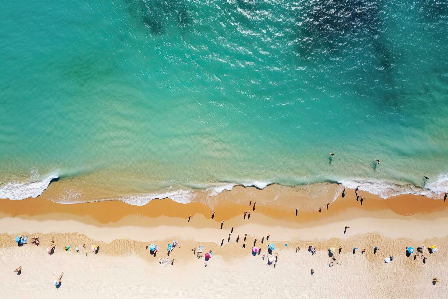 Aerial view of people on the beach with turquoise water, Aerial view of sandy beach with tourists swimming in beautiful clear sea water, AI Generated photo