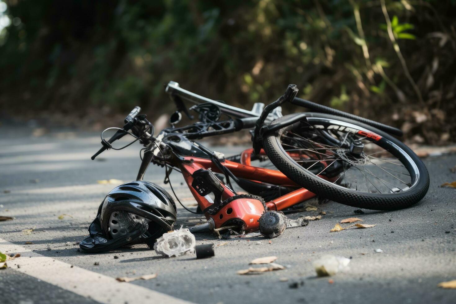 Broken bicycle on the road. Accident in the road. Bicycle crash road accident with broken bike and helmet, AI Generated photo