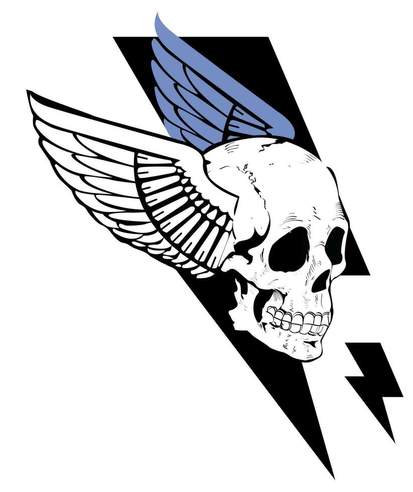 diseño para un con alas cráneo camiseta siguiente a el símbolo de trueno. satánico tatuaje. vector