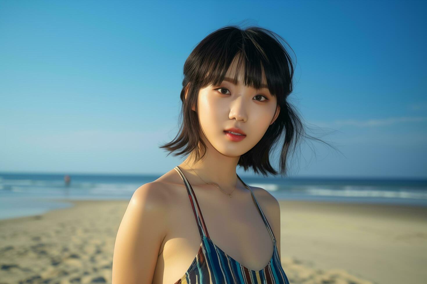 Beautiful young asian girl wearing summer dress in sunny day AI Generative photo