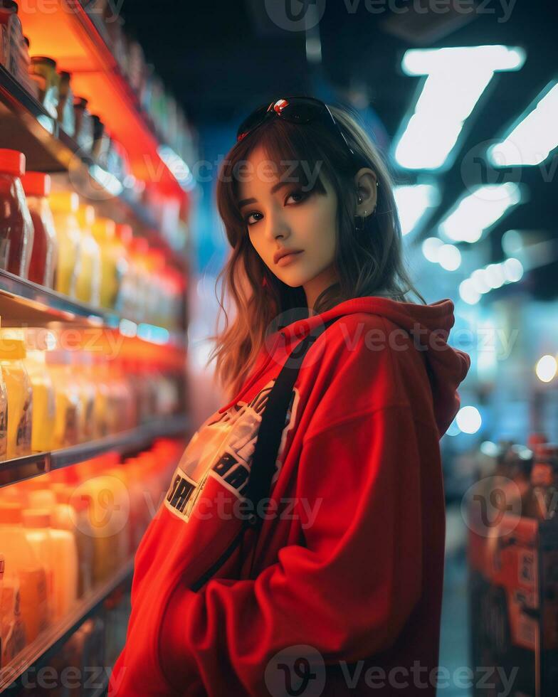 a stylish girl wearing streetwear in a convenience store AI Generative photo