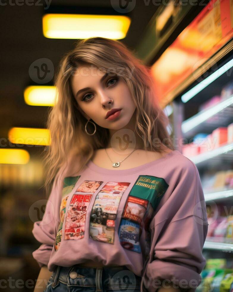 a stylish girl wearing streetwear in a convenience store AI Generative photo