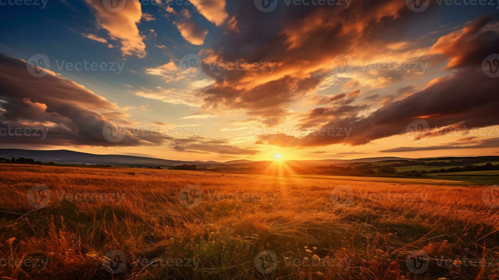 Majestic sunset over green meadows AI Generative photo
