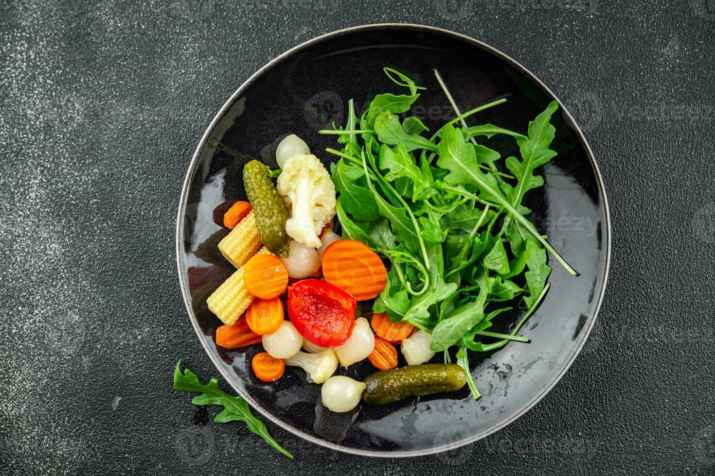 vegetable pickled salad cucumber, gherkin, carrot, onion, cauliflower, pepper appetizer meal food photo