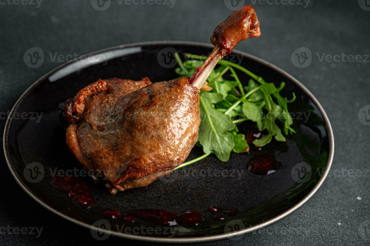 fresh duck leg confit berry sauce poultry meat eating cooking appetizer meal food snack on the table copy space food background rustic top view photo