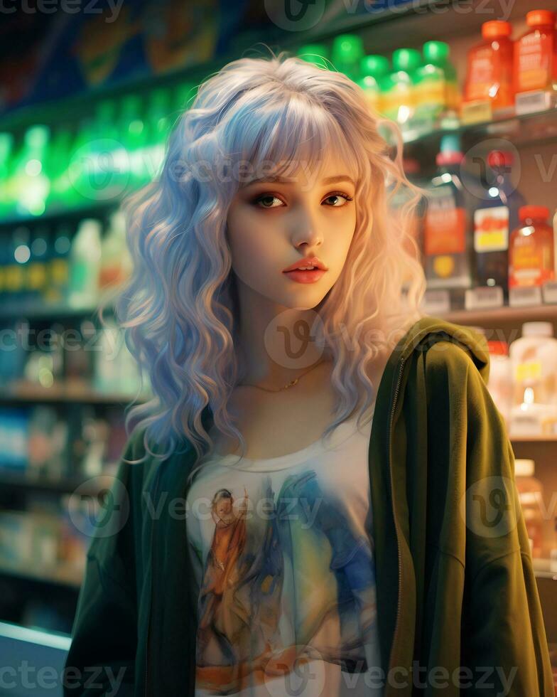 a stylish girl wearing streetwear in a convenience store AI Generative photo