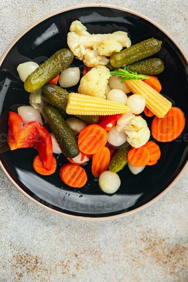 vegetable pickled salad cucumber, gherkin, carrot, onion, cauliflower, pepper appetizer meal food photo