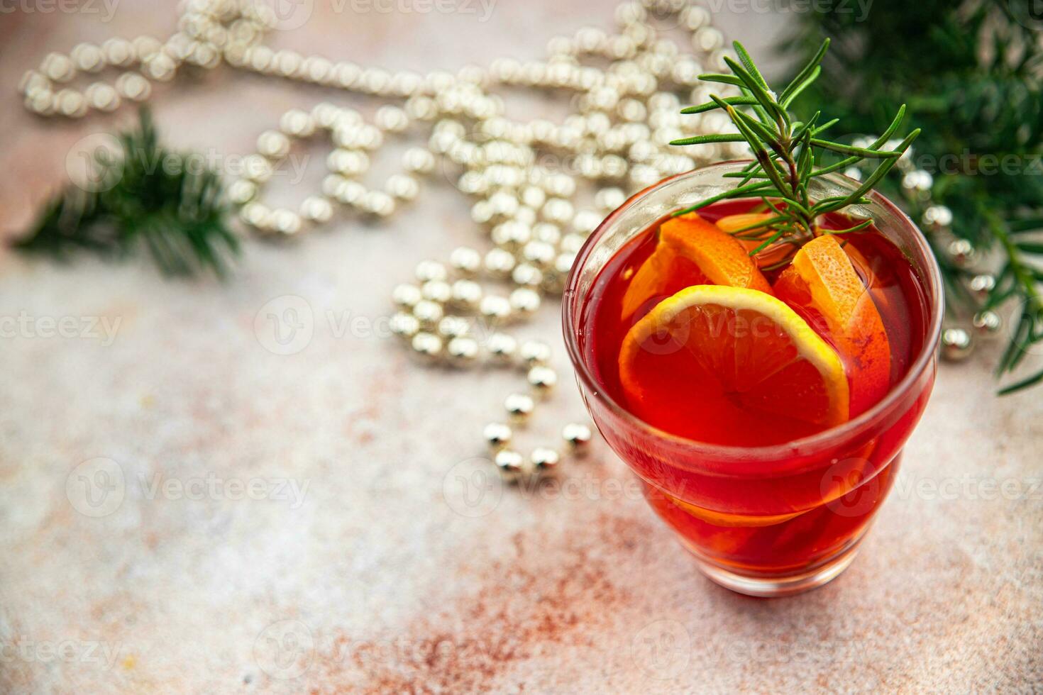 mulled wine christmas cocktail citrus rosemary drink new year holiday appetizer meal food snack on the table copy space food background rustic top view photo