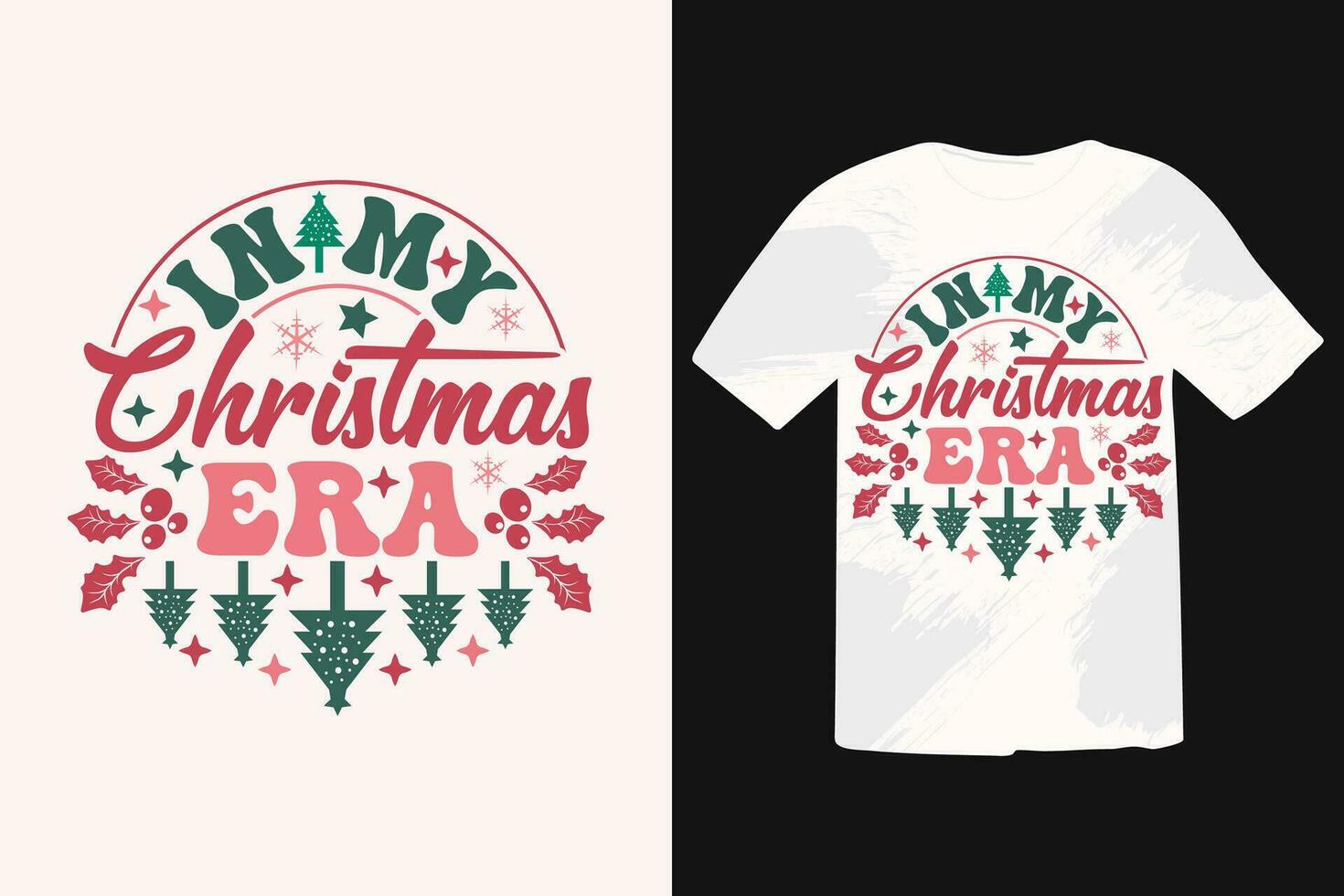 Retro Christmas wreath T shirt Design. winter cozy themed colorful text vector illustration.  Christmas T-shirt quote. T shirt print, postcard wish, poster, banner.