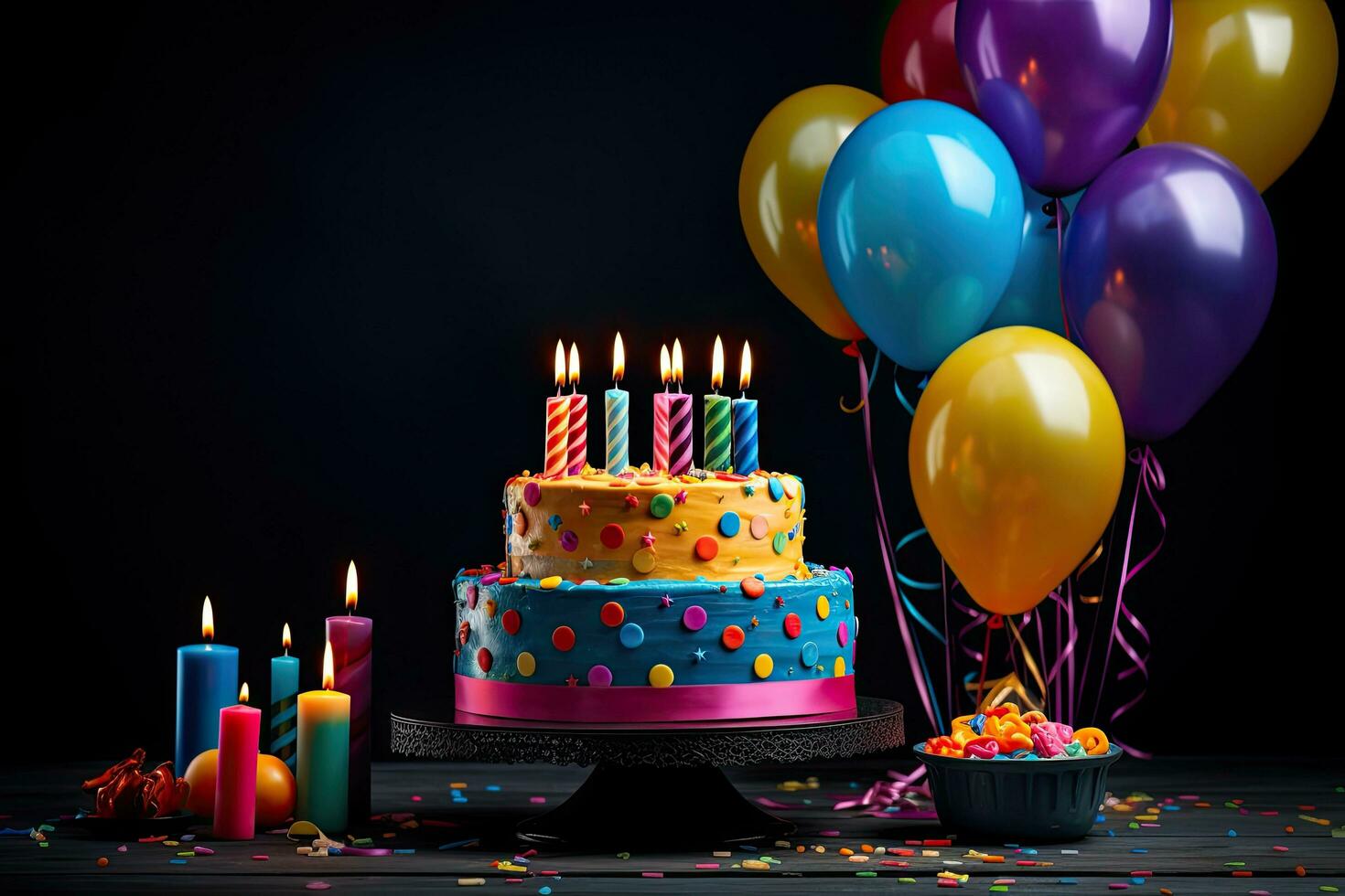 Birthday cake with candles and balloons on wooden table against black background, Birthday cake with candles, gifts and colorful balloons on Black background, AI Generated photo