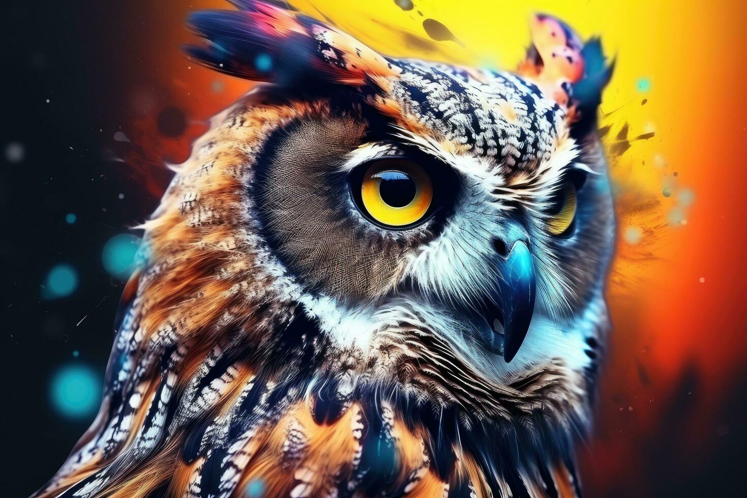 Owl on the background of the night sky. Colorful illustration. Abstract animal Owl portrait closeup with colorful double-exposure paint, AI Generated photo