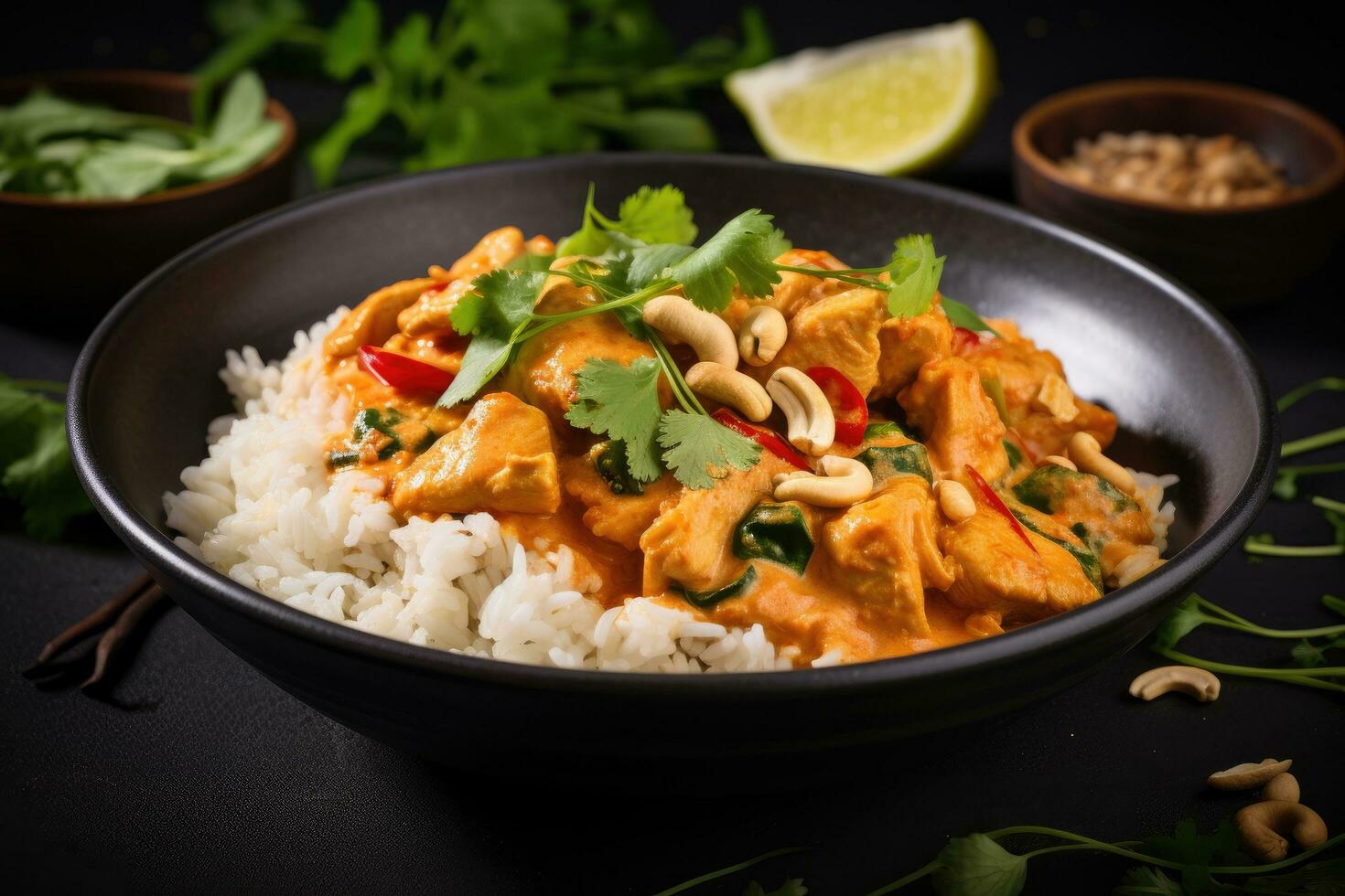 Chicken tikka masala curry with rice and cashew nuts, Chicken and cashew red curry with rice and herbs, AI Generated photo