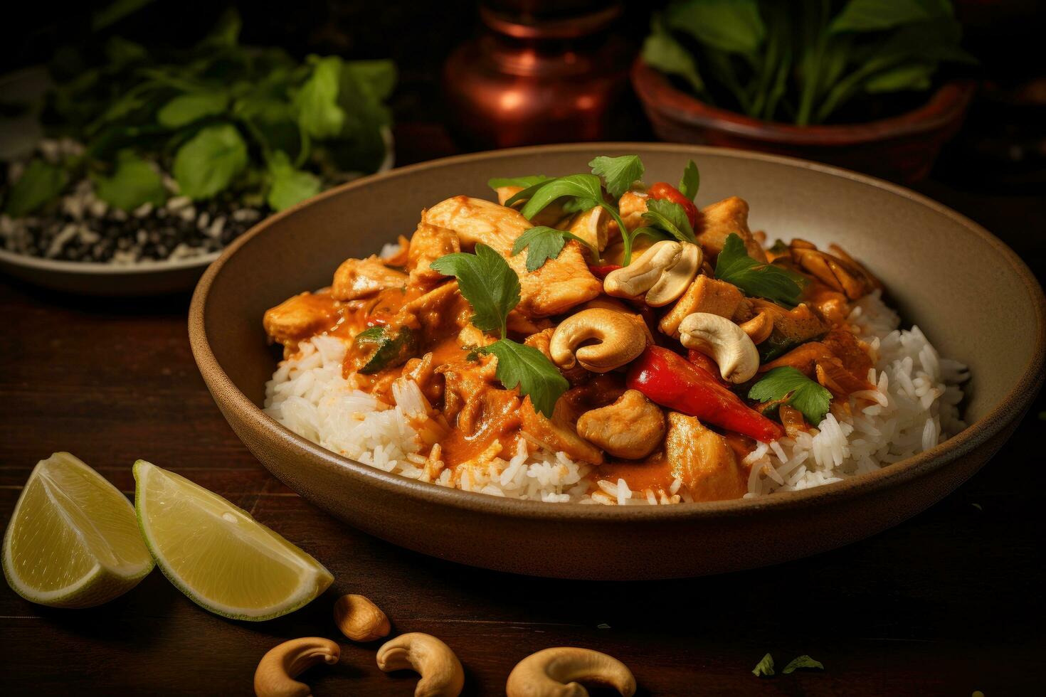 Indian chicken tikka masala with rice and cashew nuts, Chicken and cashew red curry with rice and herbs, AI Generated photo