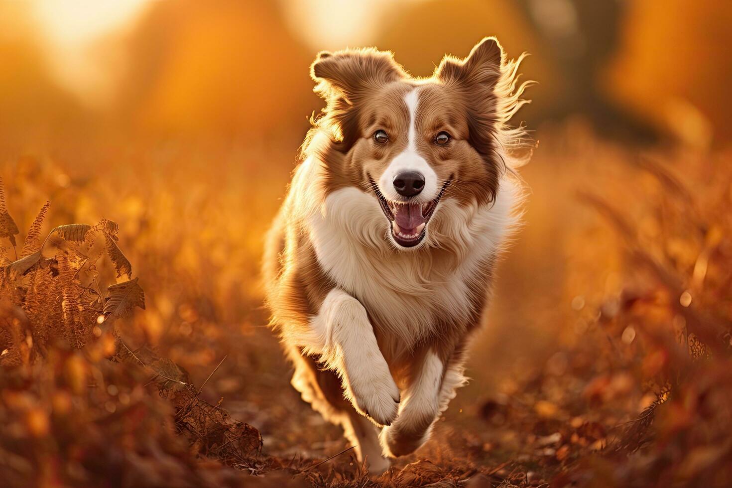 Border collie dog running in the autumn field. Beautiful red border collie dog outdoors. Border collie dog running in the autumn meadow. Pet animals, AI Generated photo