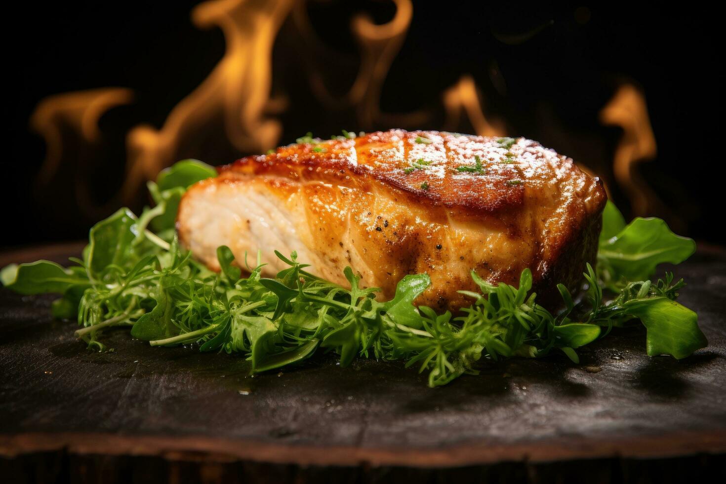 Grilled chicken breast with arugula on a black background. perfectly cooked juicy chicken breast undermines the traditional image of a tender, juicy cutlet, AI Generated photo