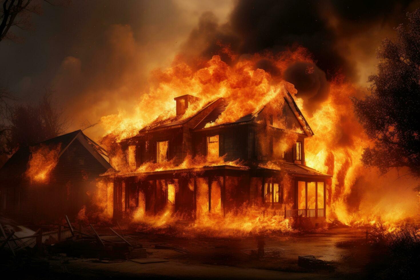 Burning house in the village, fire and smoke, burning house, Burning house. Fire in the old house. Burning house. A house is on fire, AI Generated photo