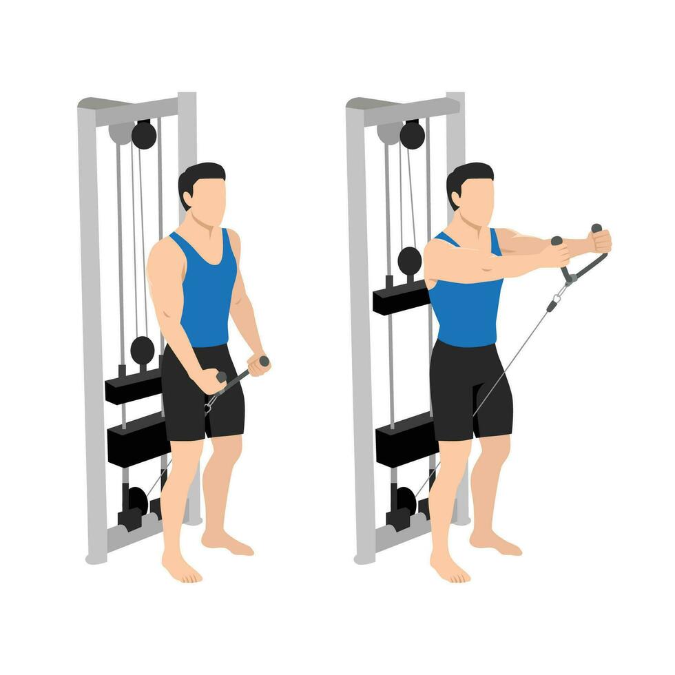 Man doing Cable rope front raise exercise. vector