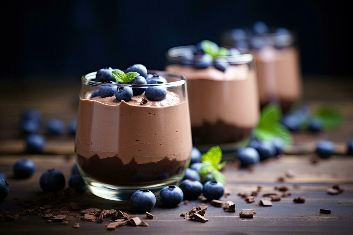 Chocolate mousse with fresh blueberries in a glass on wooden background, Chocolate mousse with fresh blueberries in glass jars, selective focus, AI Generated photo