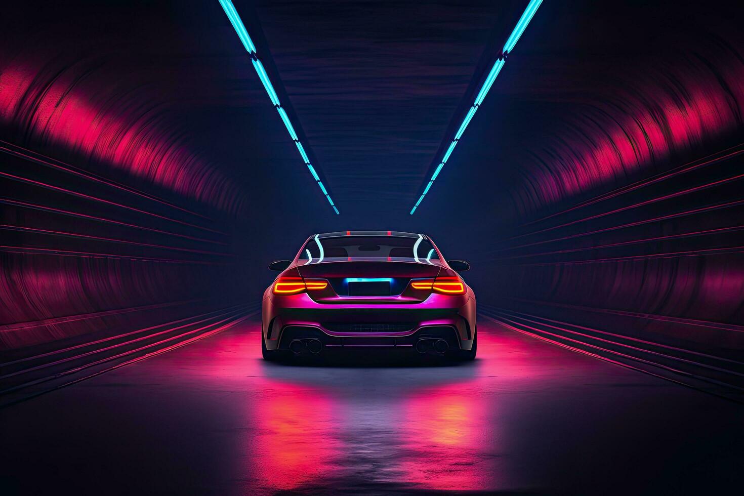 3D rendering of a car in a dark tunnel with neon lights, Car in a tunnel with neon lighting, front view, AI Generated photo