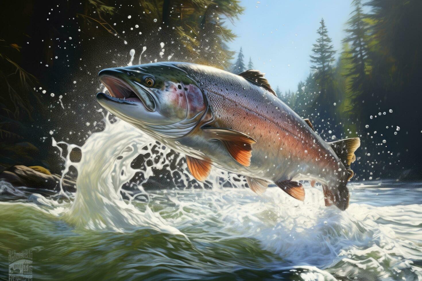 Rainbow trout jumping out of the water. 3d illustration. Action shot of a salmon jumping out of the water in a clear stream, AI Generated photo