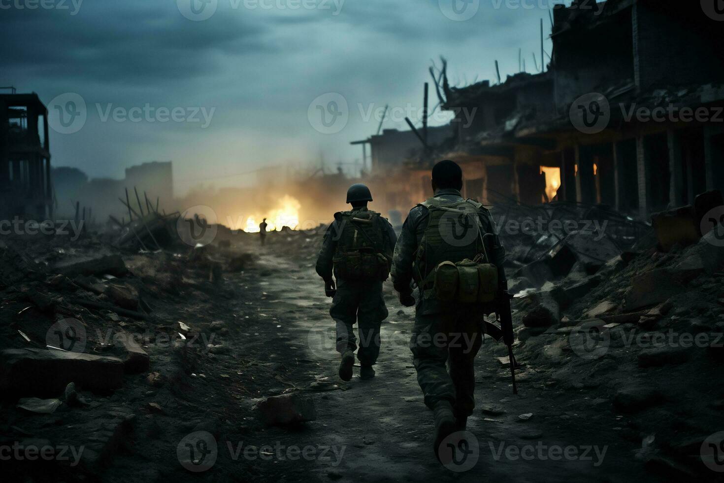 Soldiers walk through the ruins of a city caused by war AI Generative photo