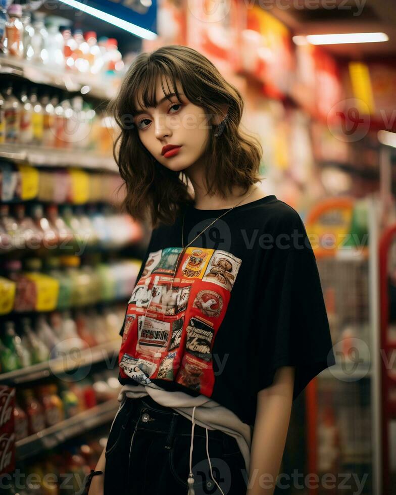 un elegante niña vistiendo ropa de calle en un conveniencia Tienda ai generativo foto