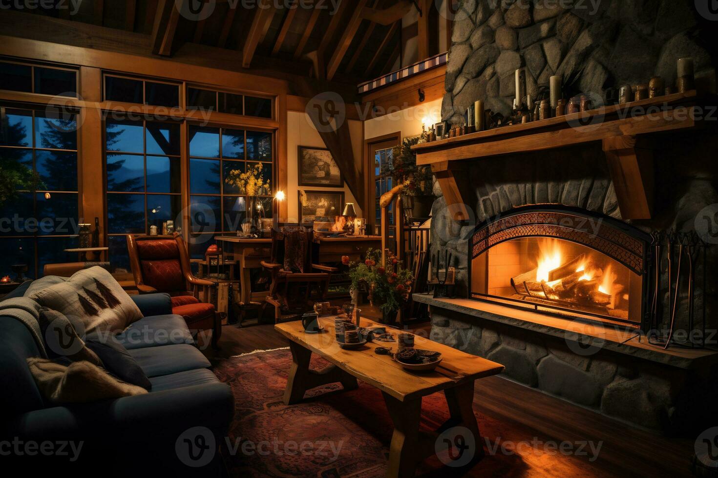 a cozy rustic home interior with fireplace AI Generative photo