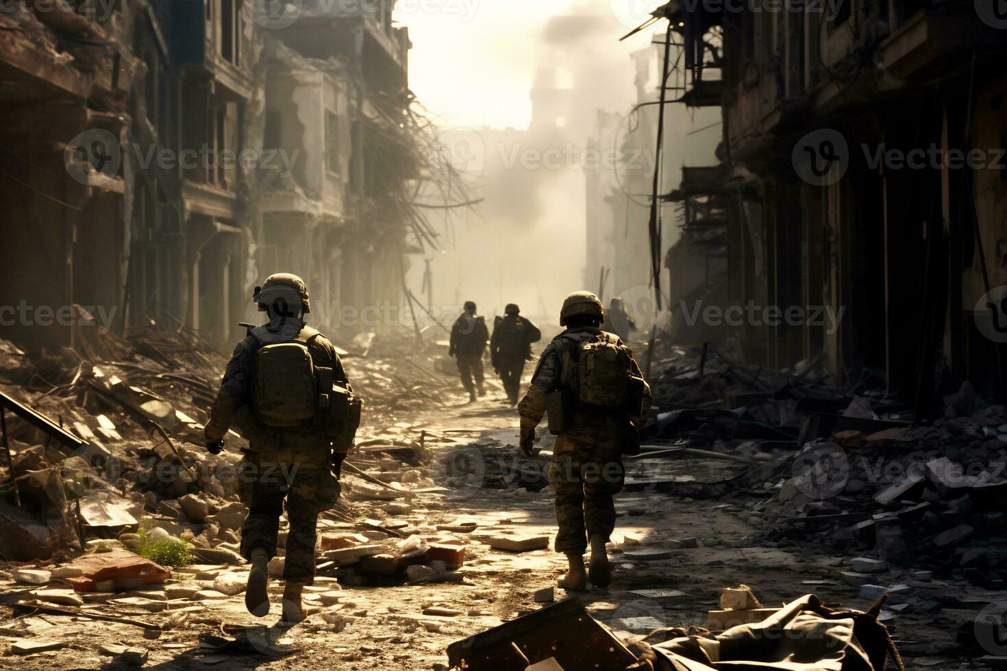 Soldiers walk through the ruins of a city caused by war AI Generative photo