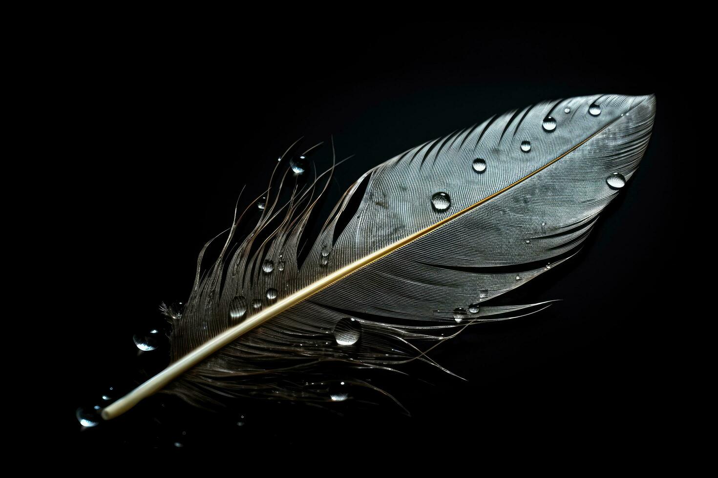 pluma de un pájaro con agua gotas en un negro antecedentes. hermosa pluma con agua gotas en negro fondo, de cerca, ai generado foto