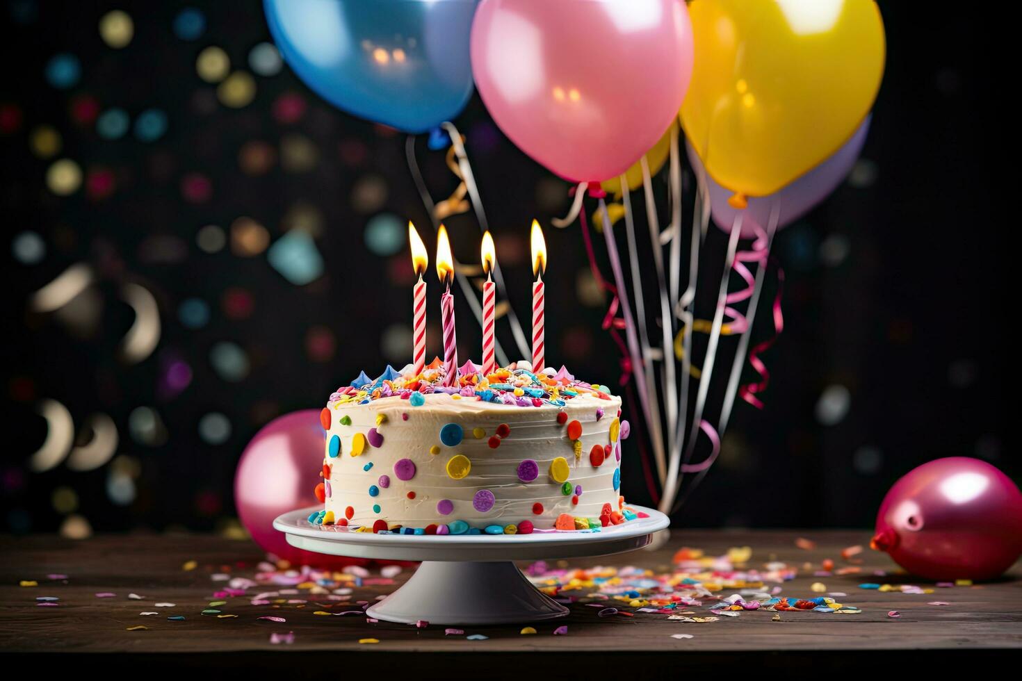 Birthday cake with candles and balloons on wooden table against blurred background, Birthday cake with colorful balloons, confetti and confetti on the table, AI Generated photo